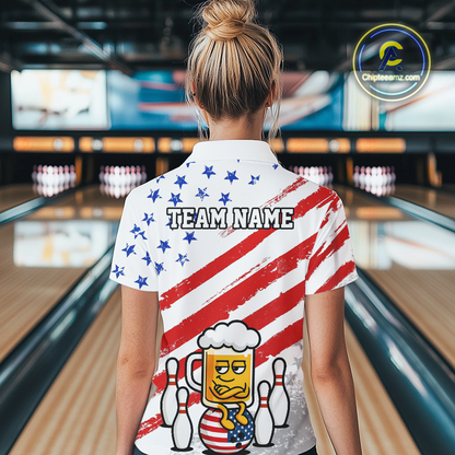 Custom US Flag Funny Beer Bowling Jersey for Women Polo & 1/4 Zip Bowling Team Shirts HNT143