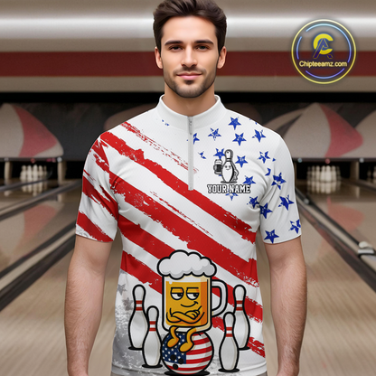 Custom US Flag Funny Beer Bowling Jersey for Men Polo & 1/4 Zip Bowling Team Shirts HNT143