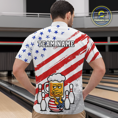 Custom US Flag Funny Beer Bowling Jersey for Men Polo & 1/4 Zip Bowling Team Shirts HNT143