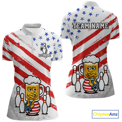 Custom US Flag Funny Beer Bowling Jersey for Women Polo & 1/4 Zip Bowling Team Shirts HNT143