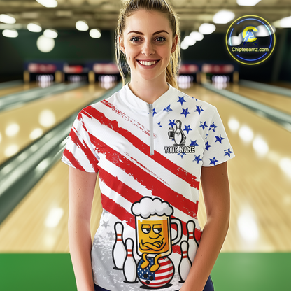 Custom US Flag Funny Beer Bowling Jersey for Women Polo & 1/4 Zip Bowling Team Shirts HNT143