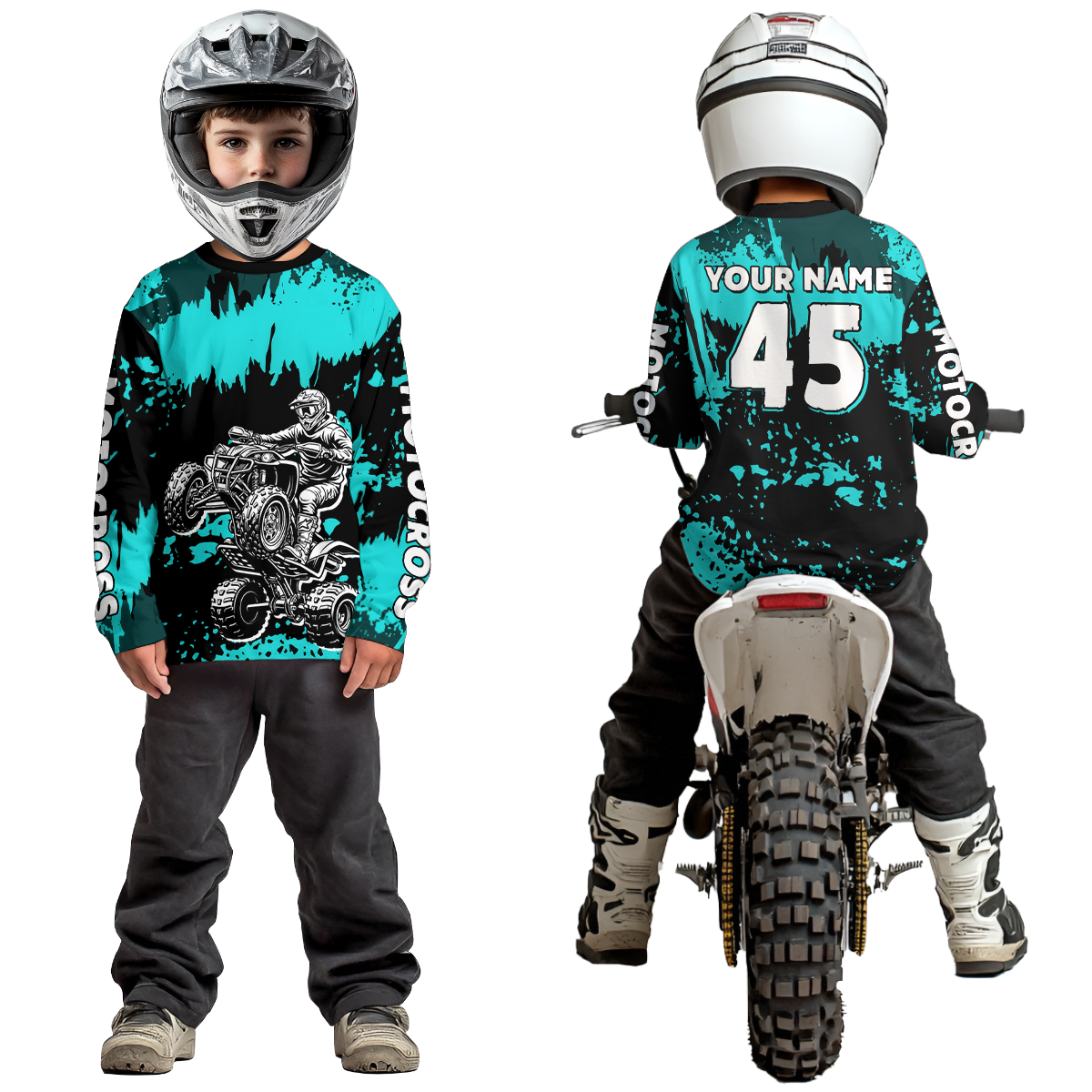 Turquoise ATV Motocross Jersey Kid Adult Custom Quad Bike Jersey Off-Road Shirt UPF30+ DNT59