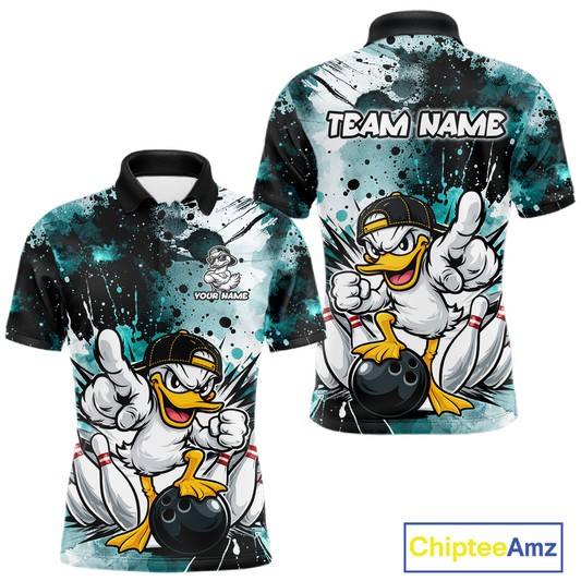Custom Watercolor Teal Duck Bowling Jersey for Men Bowling Team Shirts Polo & 1/4 Zip HNT239