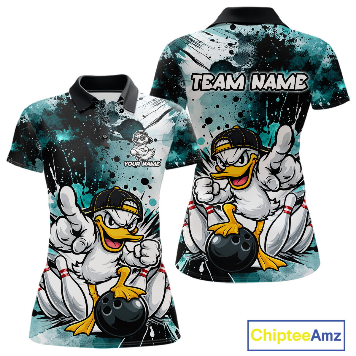 Custom Watercolor Teal Duck Bowling Jersey for Women Bowling Team Shirts Polo & 1/4 Zip HNT239