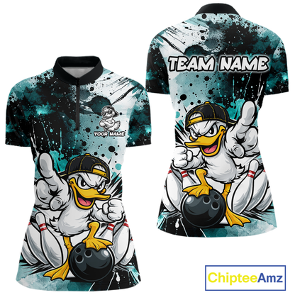 Custom Watercolor Teal Duck Bowling Jersey for Women Bowling Team Shirts Polo & 1/4 Zip HNT239