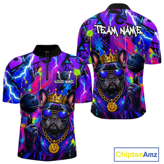 Front and back view personalized bowling quarter zip shirt with a crowned bulldog holding a bowling ball, surrounded by paint effects and bold graphic patterns.