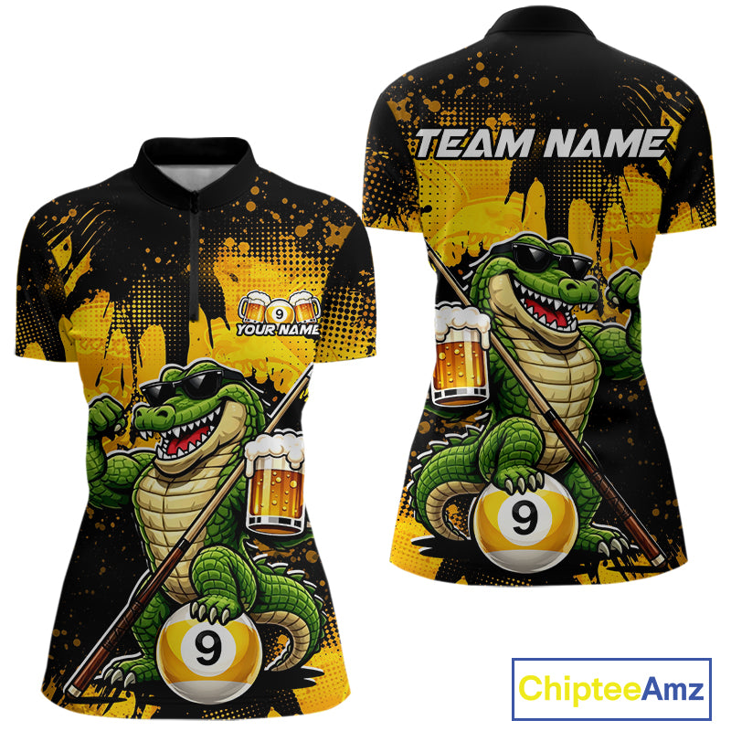 Custom Beer Alligator 9 Ball Billiard Shirts for Women Billiard Team Jerseys Billiard League Polo & 1/4 Zip NNT289