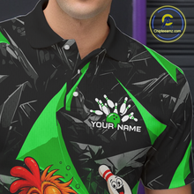 Load image into Gallery viewer, Black and green polo shirt with a bowling design and 'Your Name' text, featuring a brand logo in the corner.