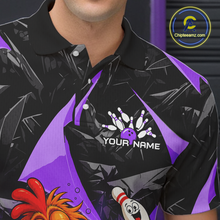 Load image into Gallery viewer, Black and purple bowling shirt with logo and text on a dark background