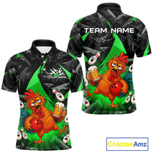 Load image into Gallery viewer, Front and back views of a black and green bowling polo featuring a wild rooster mascot holding a beer mug and red bowling ball, with custom team text.