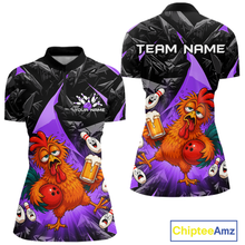 Load image into Gallery viewer, Front and back views of a black and purple bowling quarter zip featuring a wild rooster mascot holding a beer mug and red bowling ball, with custom team text.