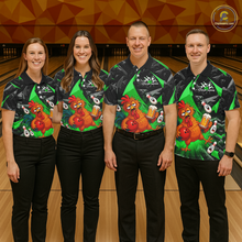 Load image into Gallery viewer, Four people wearing black and green bowling  quarter zip featuring a wild rooster mascot holding a beer mug and red bowling ball, with custom your name text.