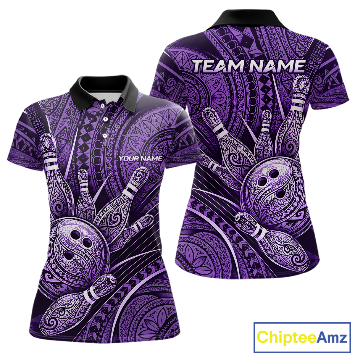 Front and back view personalized bowling polo shirt with bowling balls and pins arranged within polynesian tribal patterned artwork across a purple layout.