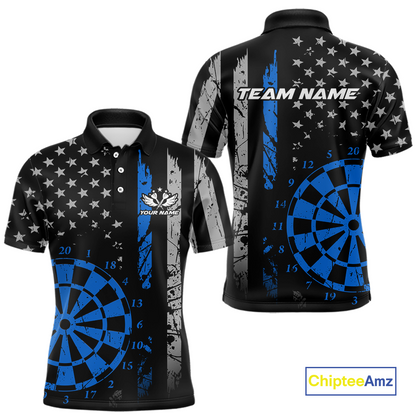 Custom Blue US Flag Darts Shirt for Men Darts Team Jerseys Dart Tournament Polo & 1/4 Zip NNT116
