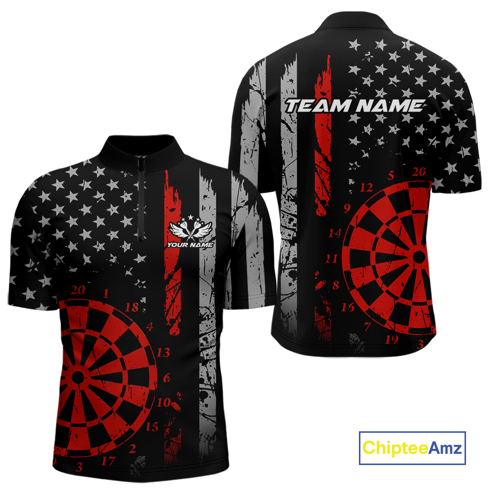 Custom Red US Flag Darts Shirt for Men Darts Team Jerseys Dart Tournament Polo & 1/4 Zip NNT116