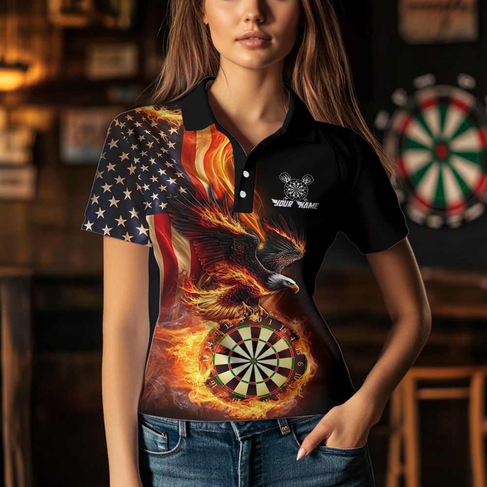 Custom Flame US Flag Eagle Darts Shirt for Women Darts Team Jerseys Dart Tournament Polo & 1/4 Zip NNT112