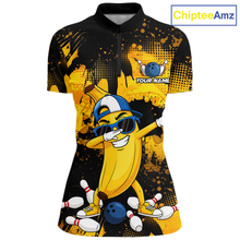 Load image into Gallery viewer, Front views of a black and yellow bowling quarter zip featuring a cool banana mascot dabbing, bowling pins, a blue bowling ball, and custom your name text.