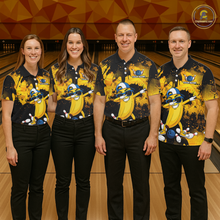 Load image into Gallery viewer, Four people wearing a black and yellow bowling polo featuring a cool banana mascot dabbing, bowling pins, a blue bowling ball, and custom team text.