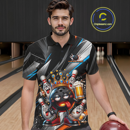 Men wearing personalized bowling polo shirt with a crowned bowling ball character surrounded by pins and angled graphic patterns across a black layout.