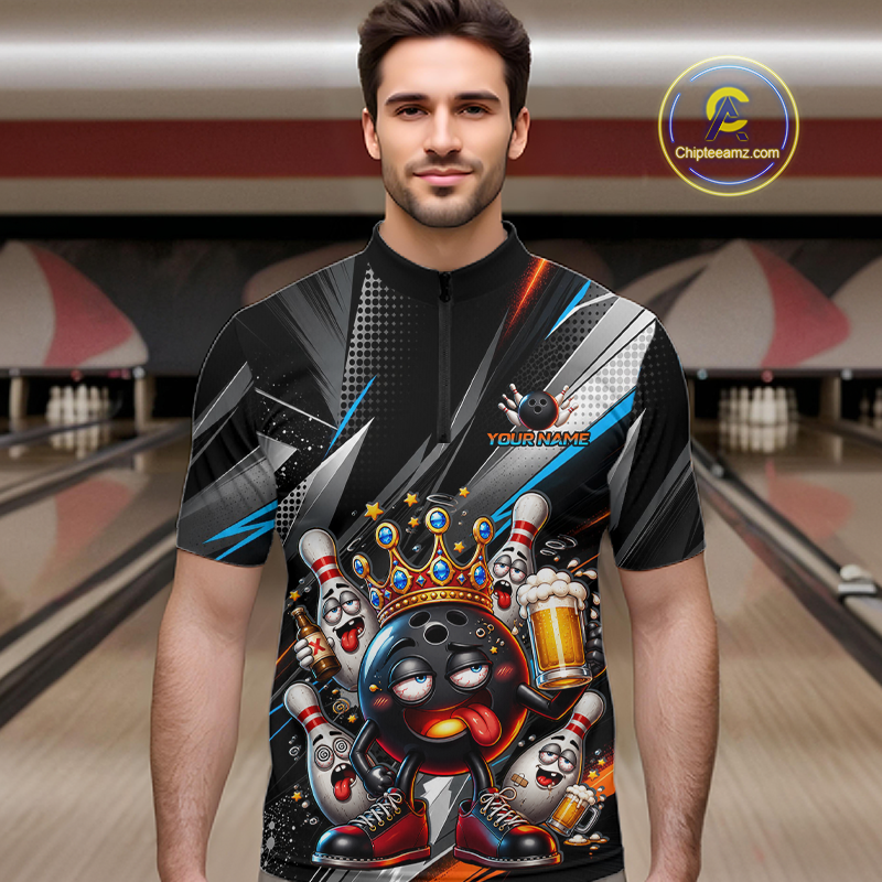 Men wearing personalized bowling quarter zip shirt with a crowned bowling ball character surrounded by pins and angled graphic patterns across a black layout.