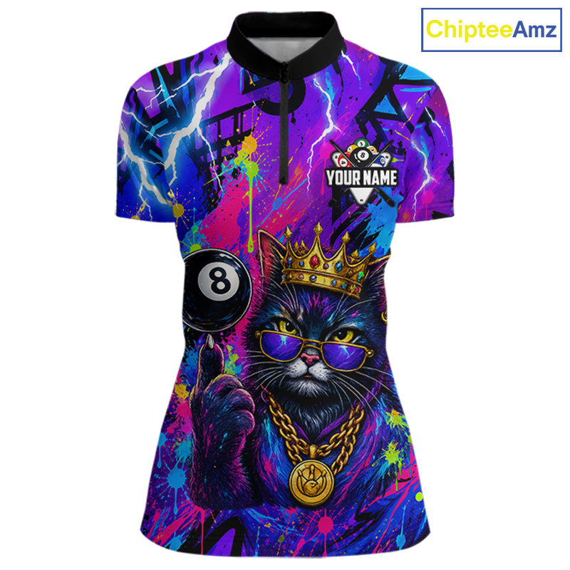 A short-sleeve polo shirt with a vibrant, colorful graphic print featuring a black cat wearing a gold crown and sunglasses, a black 8-ball pool cue, and neon paint splatters. The shirt has a black collar and a short zipper at the neck, with 'YOUR NAME' printed on the chest.