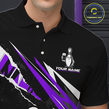 Custom Purple Funny Beer Bowling Jersey for Men Bowling Team Shirts Polo & 1/4 Zip HNT170