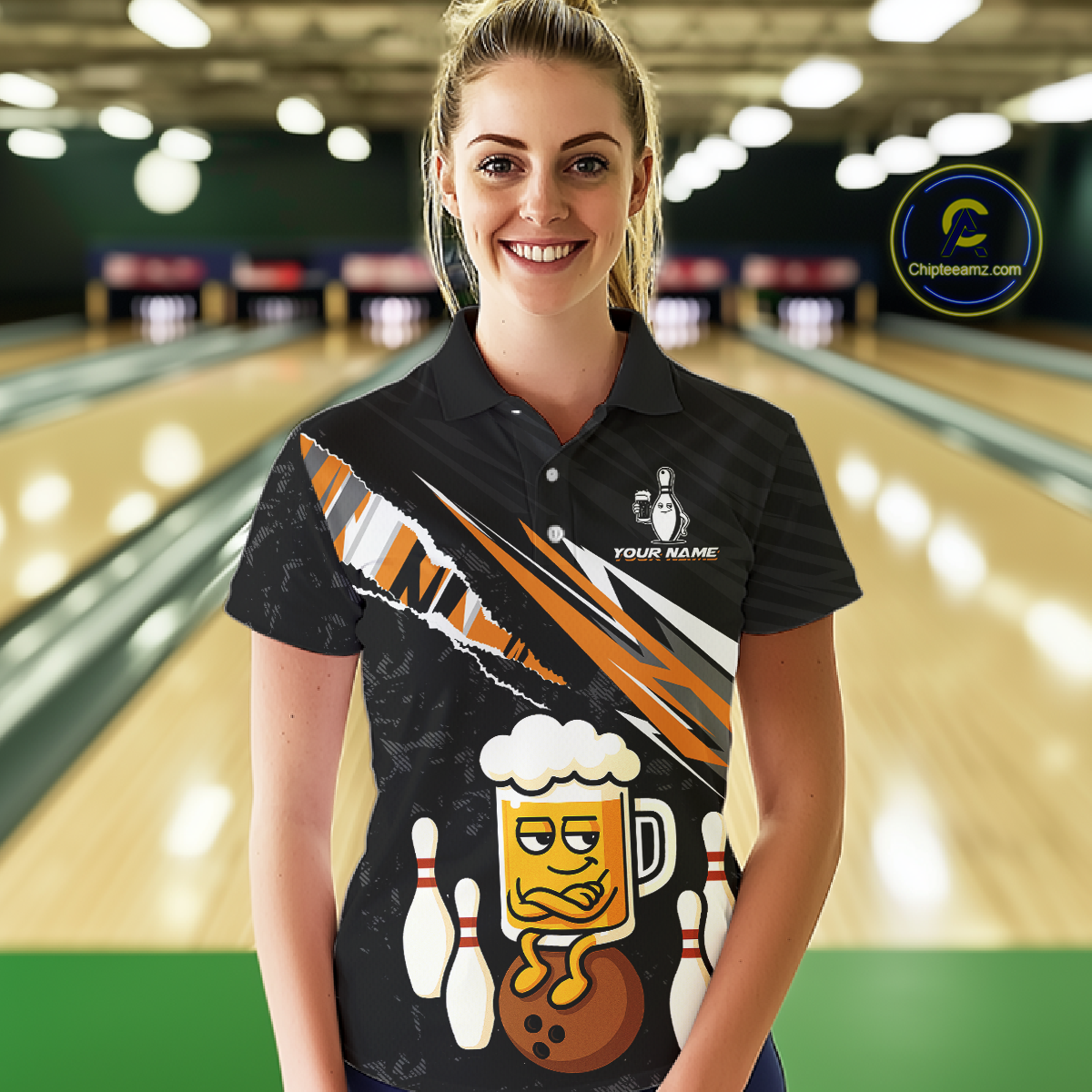 Custom Orange Funny Beer Bowling Jersey for Women Bowling Team Shirts Polo & 1/4 Zip HNT170