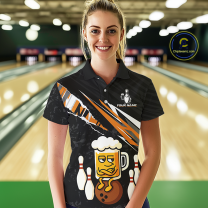 Custom Orange Funny Beer Bowling Jersey for Women Bowling Team Shirts Polo & 1/4 Zip HNT170