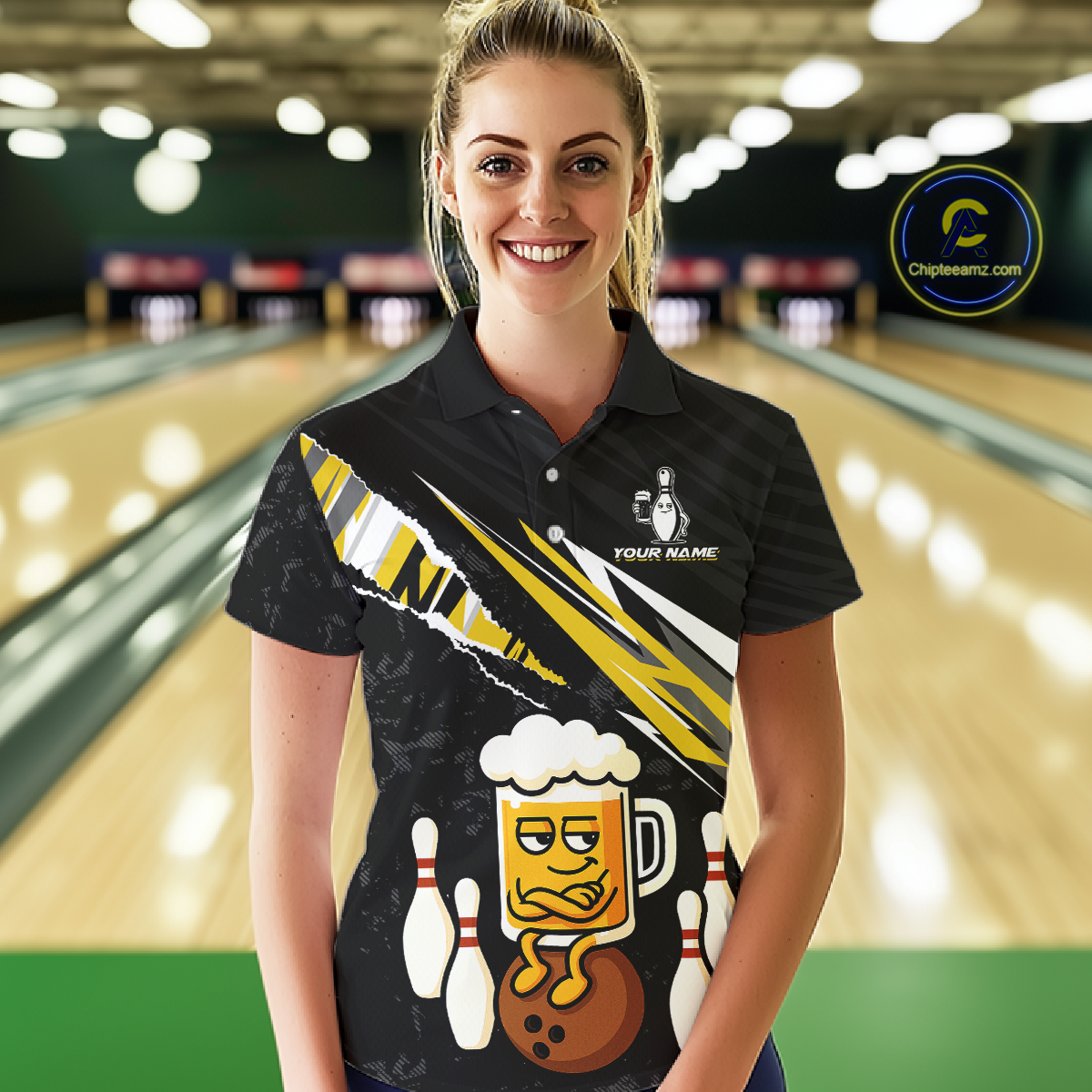 Custom Yellow Funny Beer Bowling Jersey for Women Bowling Team Shirts Polo & 1/4 Zip HNT170