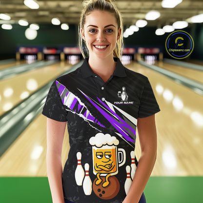 Custom Purple Funny Beer Bowling Jersey for Women Bowling Team Shirts Polo & 1/4 Zip HNT170