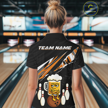Custom Orange Funny Beer Bowling Jersey for Women Bowling Team Shirts Polo & 1/4 Zip HNT170