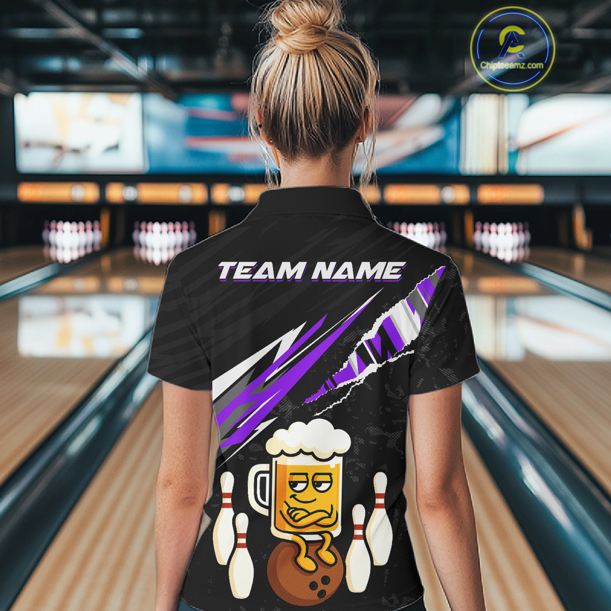 Custom Purple Funny Beer Bowling Jersey for Women Bowling Team Shirts Polo & 1/4 Zip HNT170