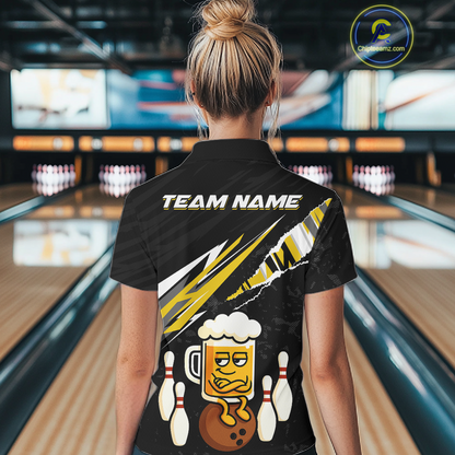 Custom Yellow Funny Beer Bowling Jersey for Women Bowling Team Shirts Polo & 1/4 Zip HNT170
