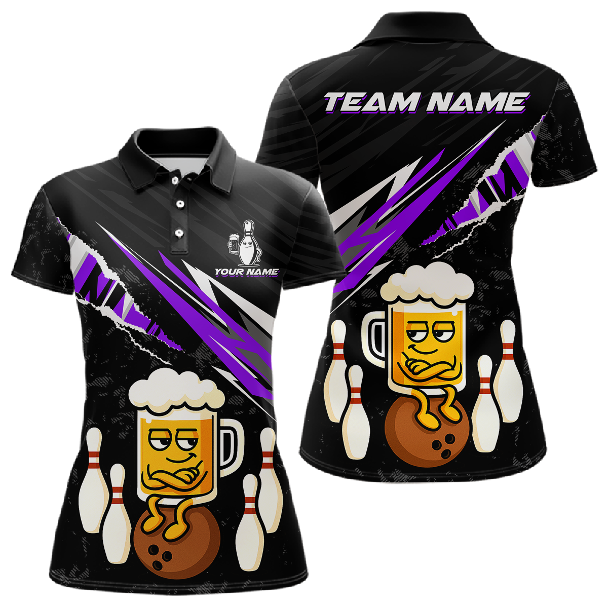 Custom Purple Funny Beer Bowling Jersey for Women Bowling Team Shirts Polo & 1/4 Zip HNT170