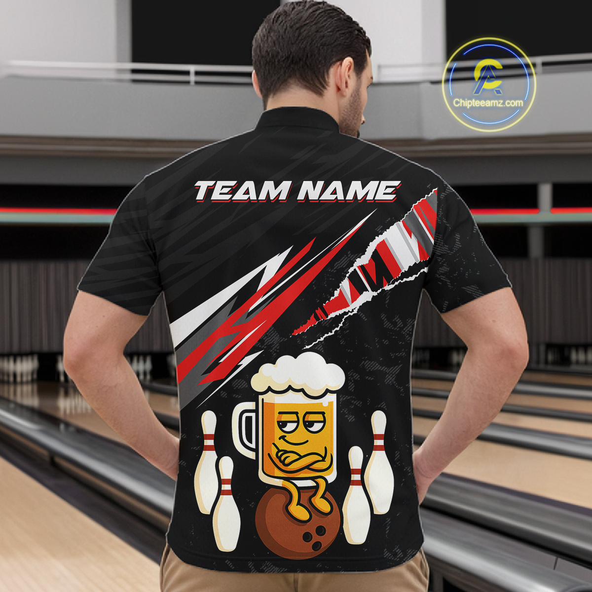 Custom Red Funny Beer Bowling Jersey for Men Bowling Team Shirts Polo & 1/4 Zip HNT170