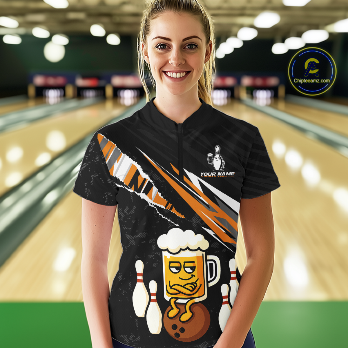 Custom Orange Funny Beer Bowling Jersey for Women Bowling Team Shirts Polo & 1/4 Zip HNT170
