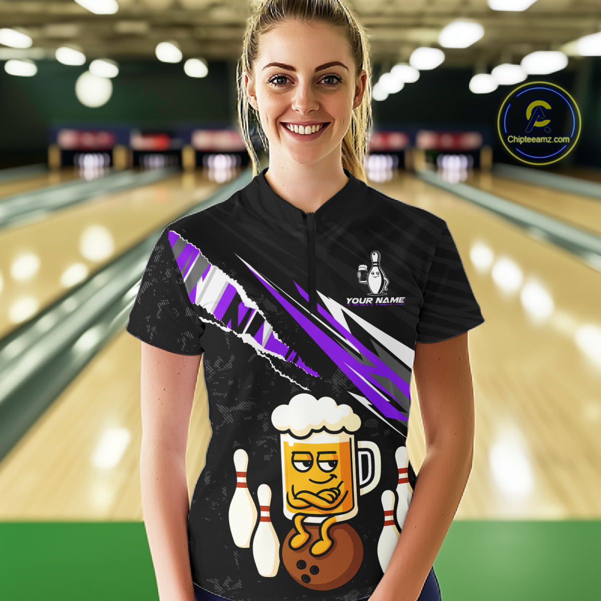 Custom Purple Funny Beer Bowling Jersey for Women Bowling Team Shirts Polo & 1/4 Zip HNT170