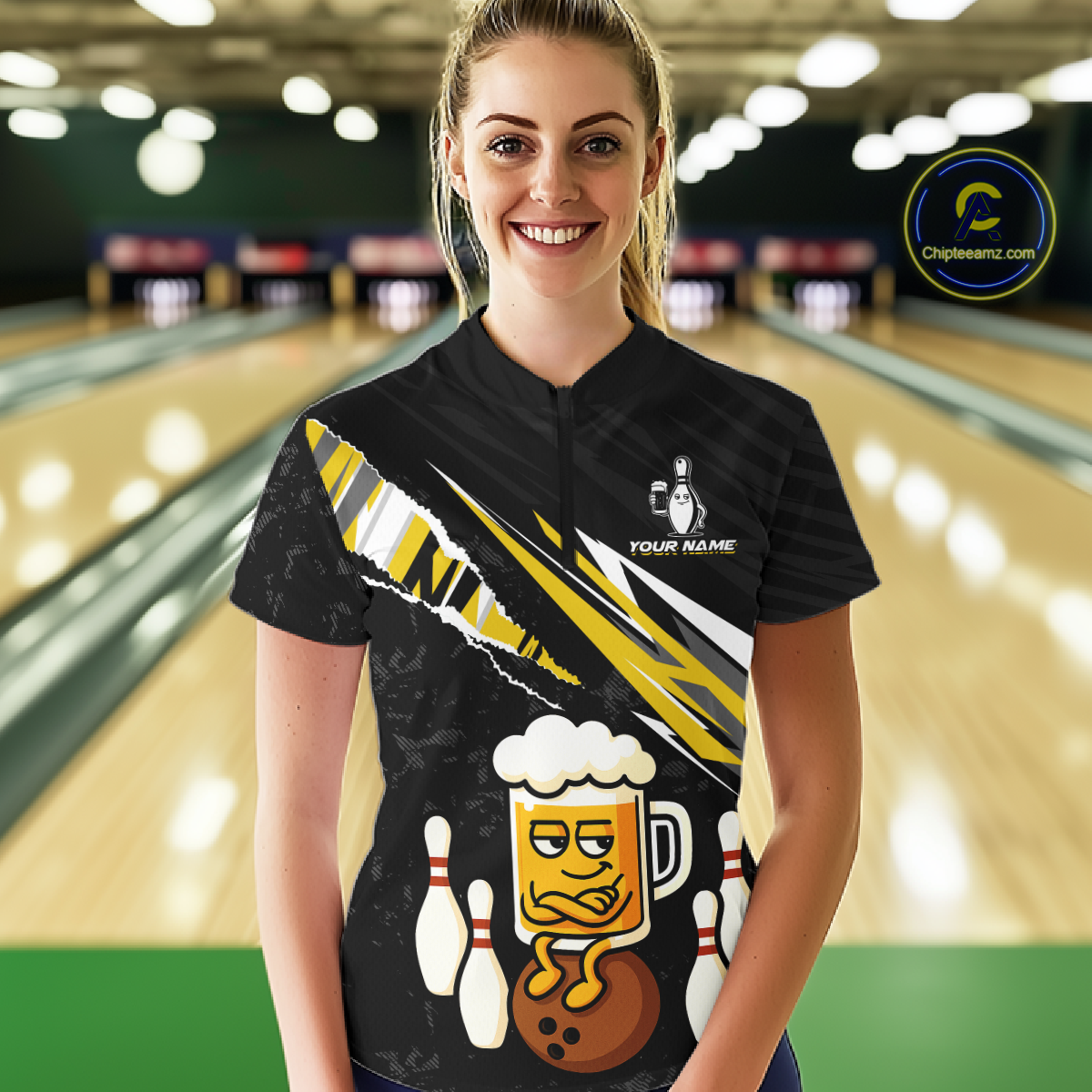 Custom Yellow Funny Beer Bowling Jersey for Women Bowling Team Shirts Polo & 1/4 Zip HNT170