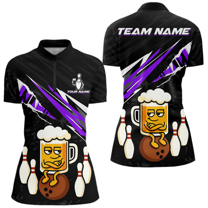 Custom Purple Funny Beer Bowling Jersey for Women Bowling Team Shirts Polo & 1/4 Zip HNT170