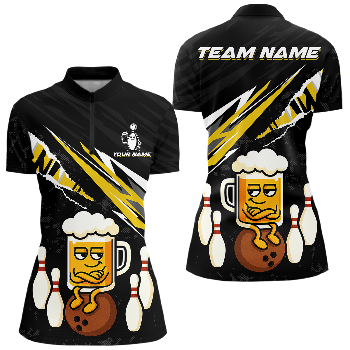 Custom Yellow Funny Beer Bowling Jersey for Women Bowling Team Shirts Polo & 1/4 Zip HNT170