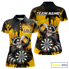 Load image into Gallery viewer, Front and back views of a black and yellow darts polo featuring a raccoon drinking beer, dartboard graphics, and custom team and player name text.