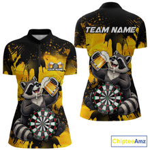 Load image into Gallery viewer, Front and back views of a black and yellow darts quarter zip featuring a raccoon drinking beer, dartboard graphics, and custom team and player name text.