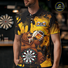 Load image into Gallery viewer, Man wearing a black and yellow darts polo featuring a bear drinking beer, dartboard graphics, and custom team and player name text.