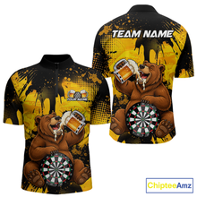 Load image into Gallery viewer, Front and back views of a black and yellow darts quarter zip featuring a bear drinking beer, dartboard graphics, and custom team and player name text.