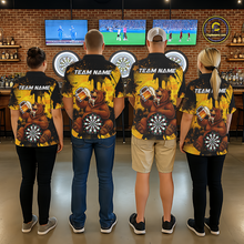 Load image into Gallery viewer, Four people wearing black and yellow darts polo featuring a bear drinking beer, dartboard graphics, and custom team and player name text.