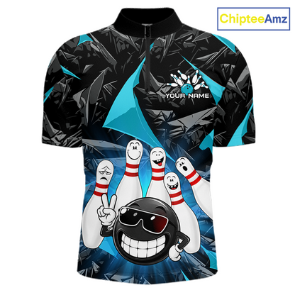 A short-sleeve bowling-themed polo shirt with a black and teal geometric pattern, featuring cartoon bowling pins, a bowling ball character, and a customizable name patch on the chest. The ChipteeAmz logo is visible in the top right corner.