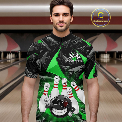 A man wearing a short-sleeve bowling-themed t-shirt with a black and green leaf pattern, featuring cartoon bowling pins, a bowling ball, and the text 'YOUR NAME'. The background shows blurred bowling lanes, and a 'Chipteamz.