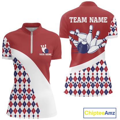 Custom Red White Argyle Pattern Bowling Jersey for Women Bowling Team Shirts Polo & 1/4 Zip HNT499