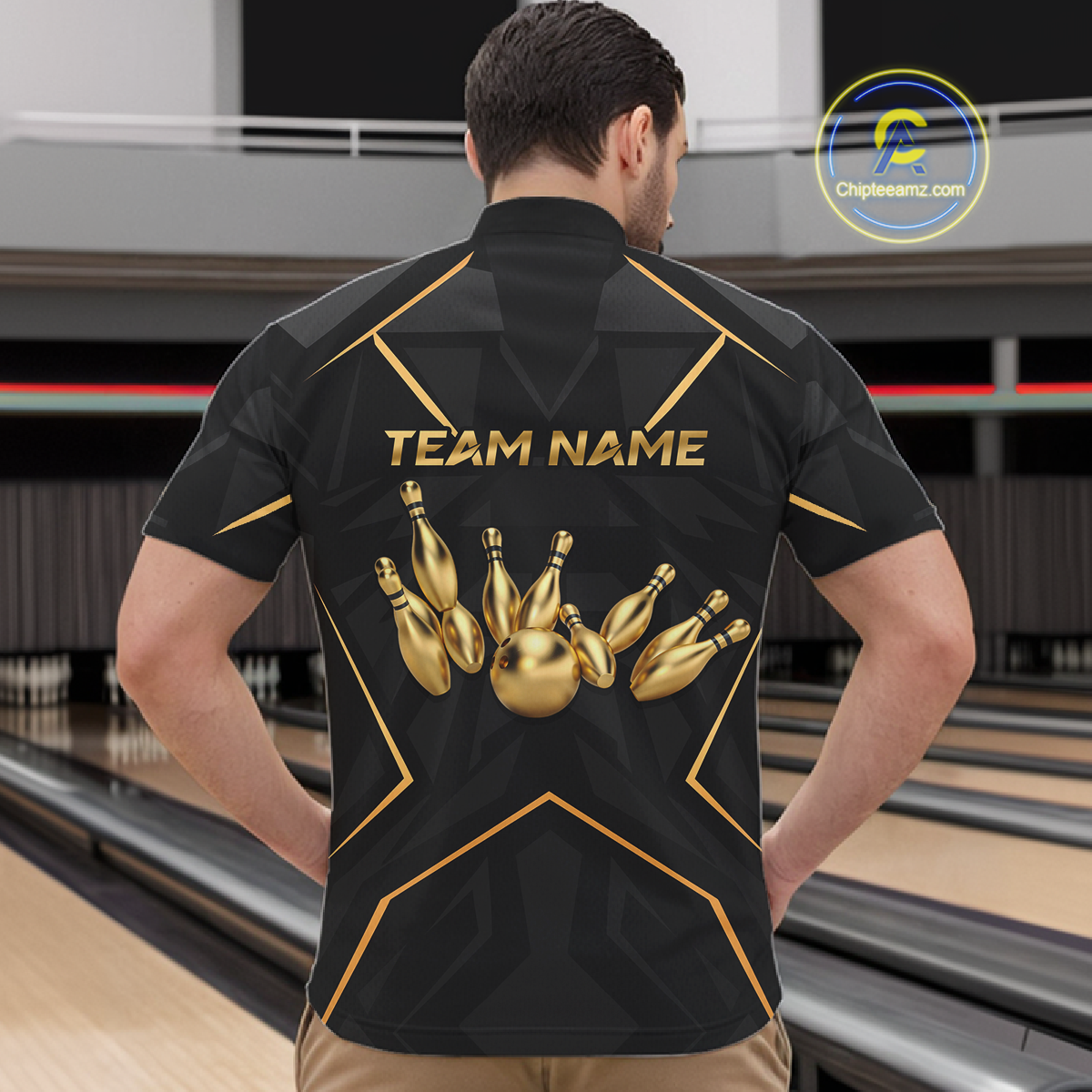 Custom Black and Gold Bowling Jersey for Men Bowling Team Shirts Bowling League Polo & 1/4 Zip HNT175