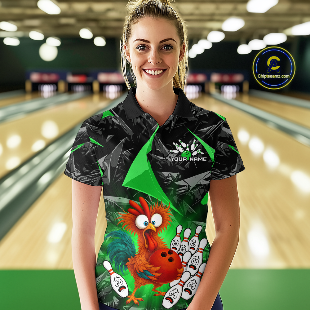 Custom Green Funny Chicken Bowling Jersey for Women Bowling Team Shirts Polo & 1/4 Zip HNT138